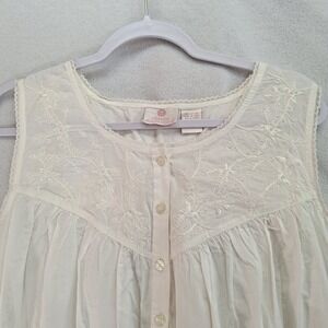 Vtg All Cotton Sleeveless Nightgown L Light Floral Maxi Cottagecore Lace Beads
